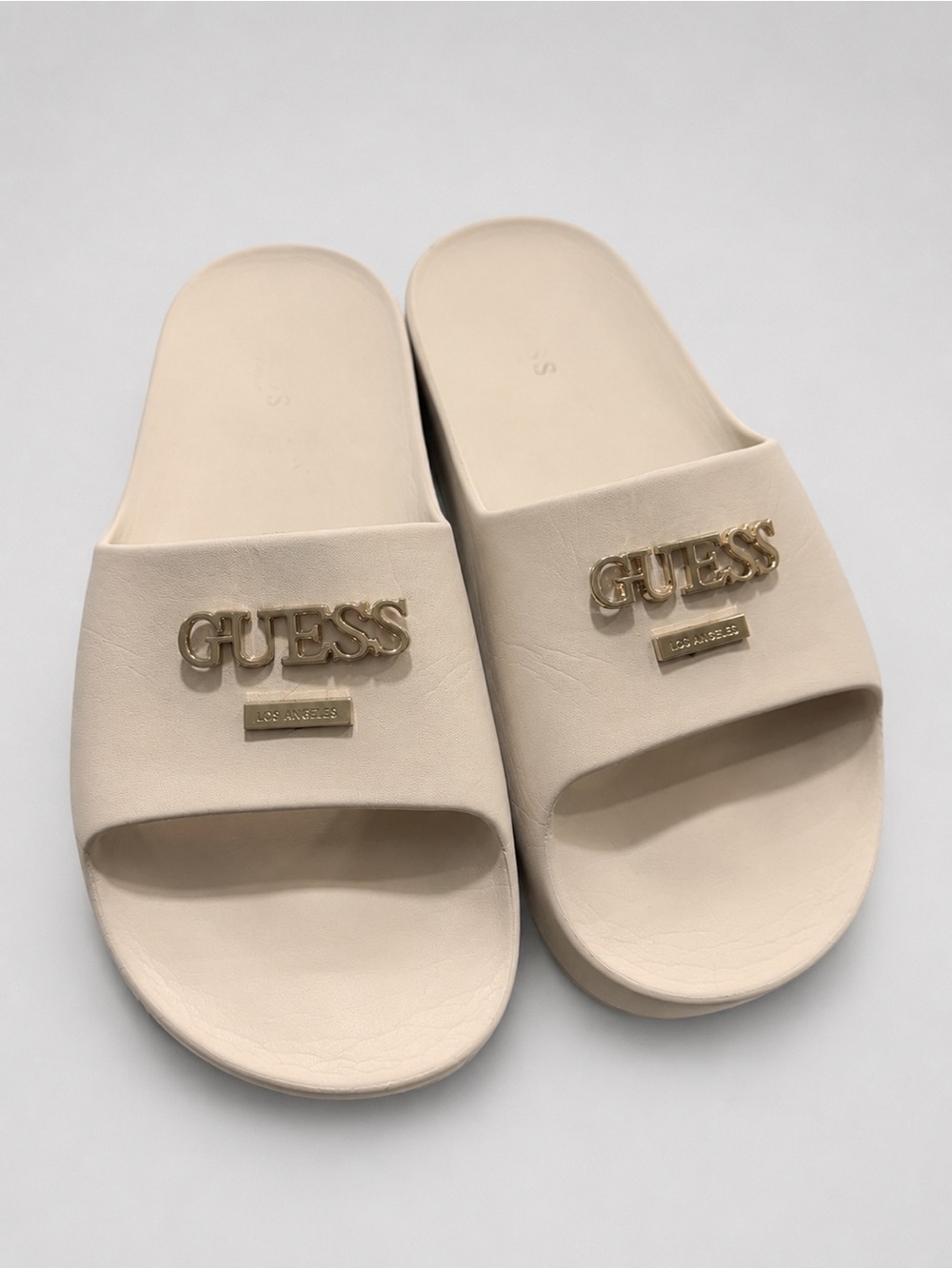 Guess Cream Slide Sandals with Gold Logo Hardware